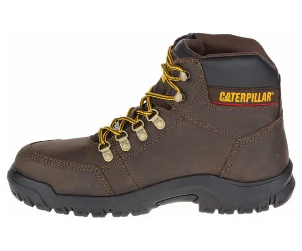 A brown caterpillar boot with yellow laces.