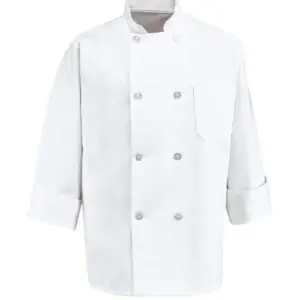 A white chef coat with two silver buttons.