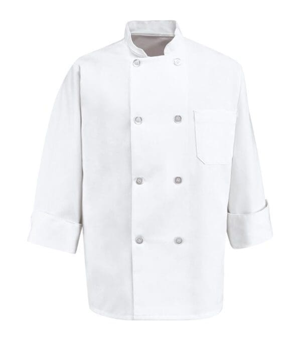 A white chef coat with two silver buttons.