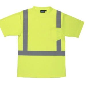 A neon yellow shirt with reflective stripes on it.