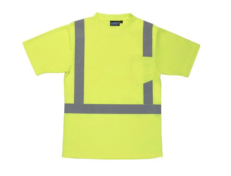 A neon yellow shirt with reflective stripes on it.