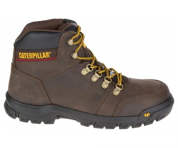 A brown boot with yellow laces and caterpillar logo.