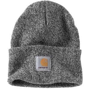 A gray knit hat with a patch on the front.