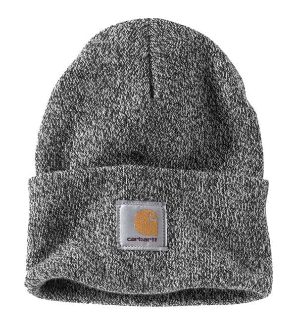 A gray knit hat with a patch on the front.