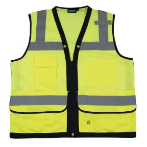 A yellow vest with black trim and pockets.