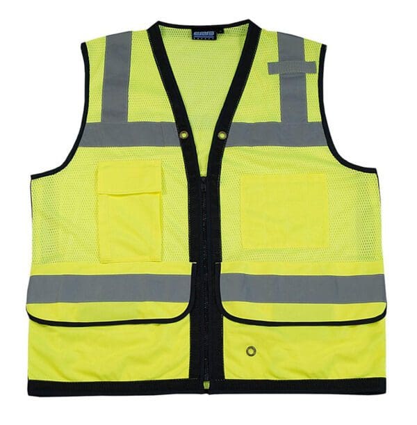 A yellow vest with black trim and pockets.