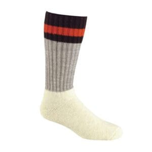 A pair of socks with red, black and white stripes.