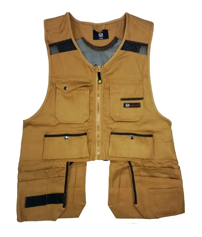 A brown vest with many pockets on it