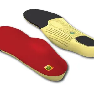 A pair of shoes with different colored soles.