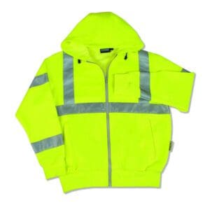 A neon yellow jacket with reflective stripes on it.