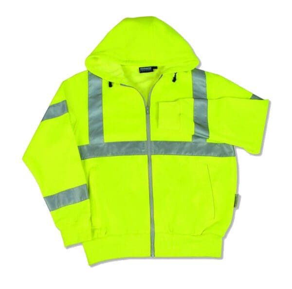 A neon yellow jacket with reflective stripes on it.