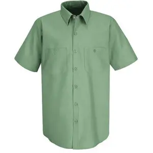 A green shirt is shown with two pockets.