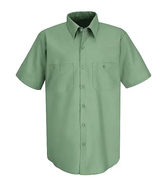 A green shirt is shown with two pockets.