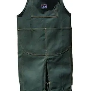 A green bib overalls with an open leg.