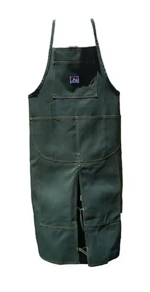 A green bib overalls with an open leg.