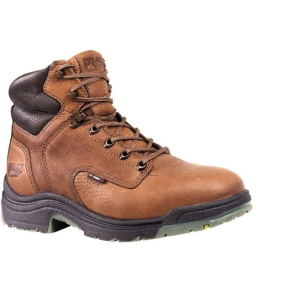 A brown work boot with black laces and a black sole.