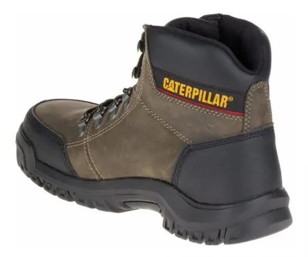 A close up of the side of a pair of caterpillar boots